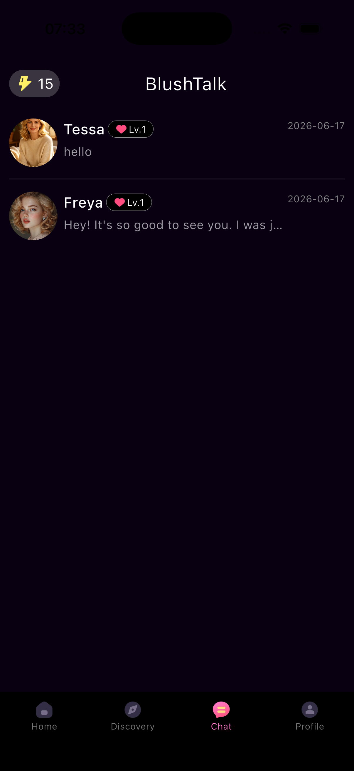 BlushTalk chat screen with AI character conversations