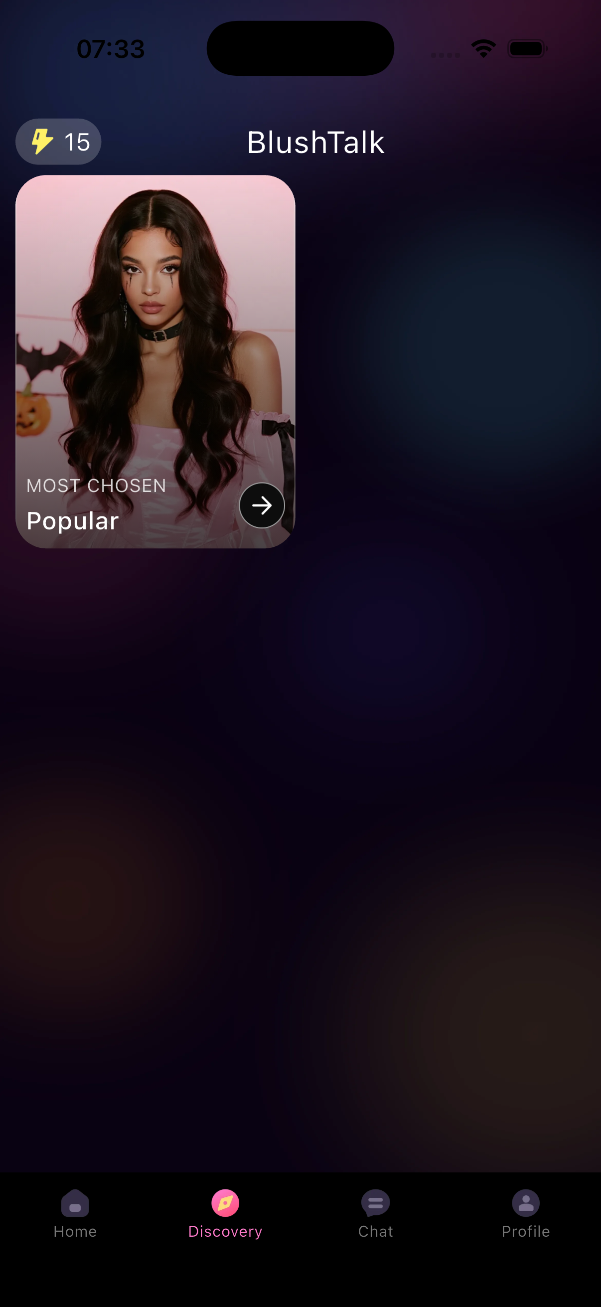 Discovery tab with a popular character card